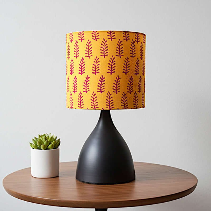 Bedroom side table lamp | Cone metal base | Block printed drum lamp shade