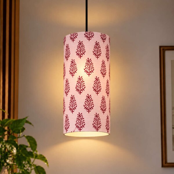 Hand Printed Hanging Lamp – Baby Pink Cylinder Pendant Light