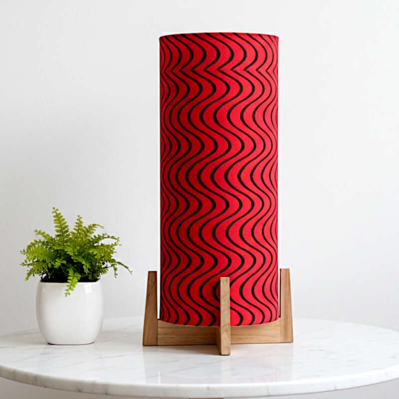 Bed side table lamp - Block printed wavy red design with wood base