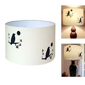 Light cream fabric lampshade with bird print – Handmade, multiple drum sizes | Woodooz