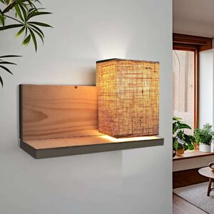Wall Shelf - Wooden wall shelves with lamp (Jute) for bedroom / living room -Solid wood | Natural colour | Matte finish