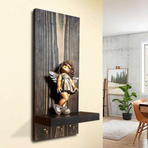 Wooden wall shelf - Wall mounted shelves with 3 key hooks for living room / bed room - Solid wood in walnut colour