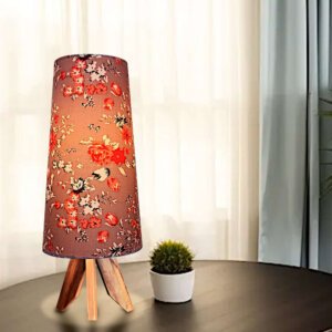 Tripod bedside light - Table lamps for bedroom / living room / dining room - Wooden base | Matte Finish | Floral print fabric