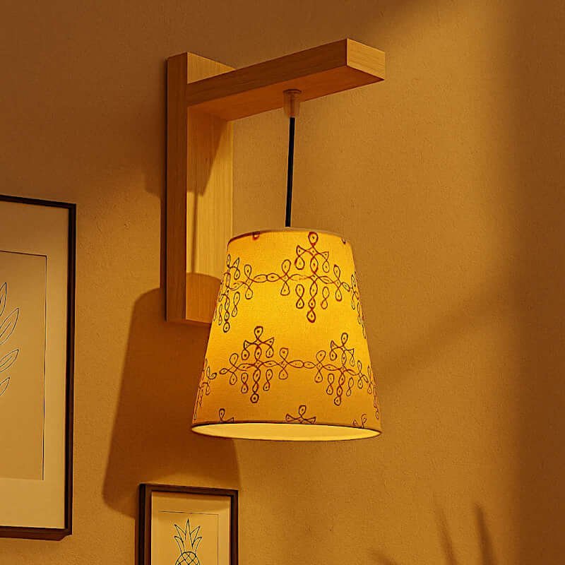 Wooden wall light - Kolam printed lamp shade | Ideal for bed room, living / pooja room