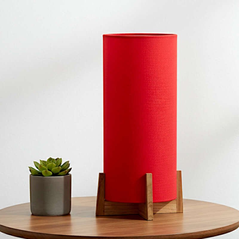 Table lamp for bed room - Red cylindrical lamp shade with wooden base