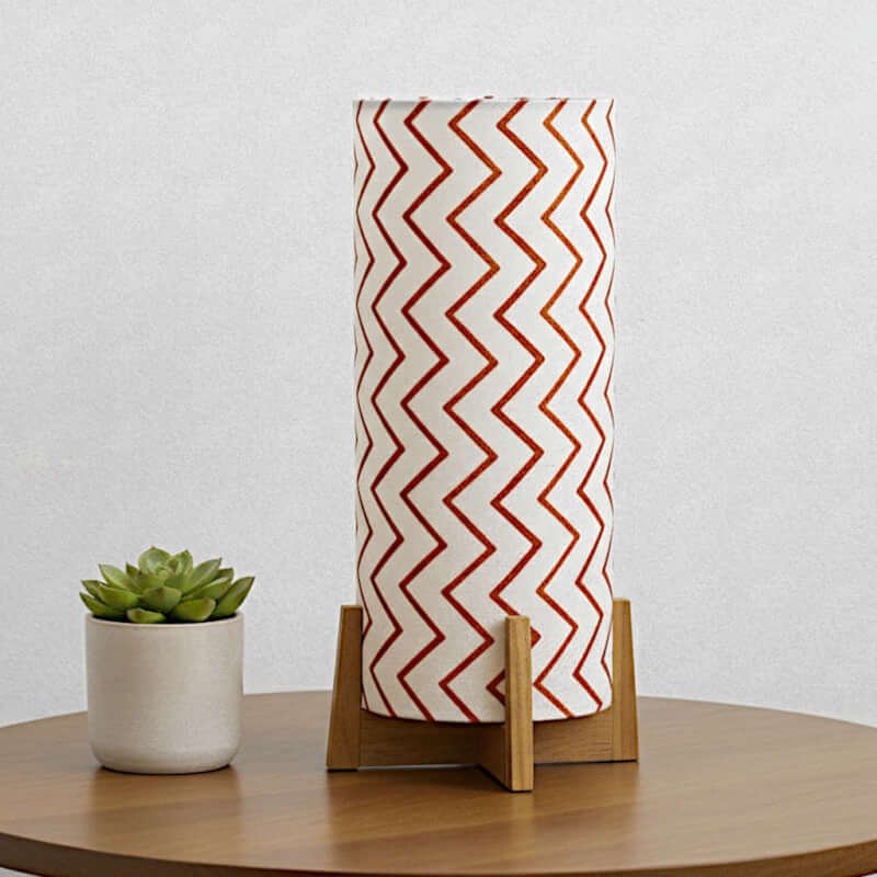 Table lamp with Wood base - Cylindrical lampshade | Printed chevron design