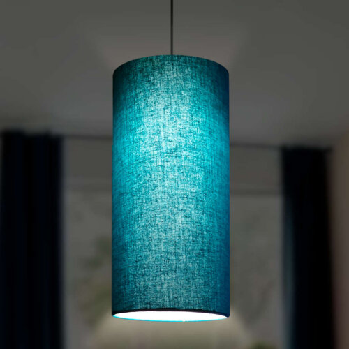 Cylindrical lamp shade peacock blue hanging