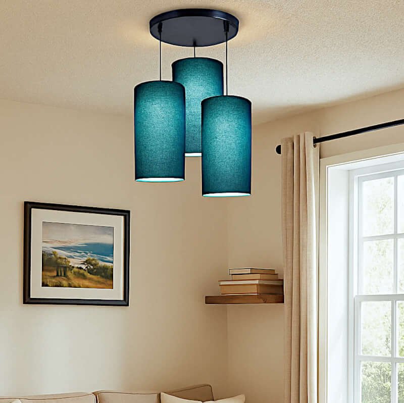 Living room hanging lights | 3 set circular cluster | Peacock blue cylinder lamp shades