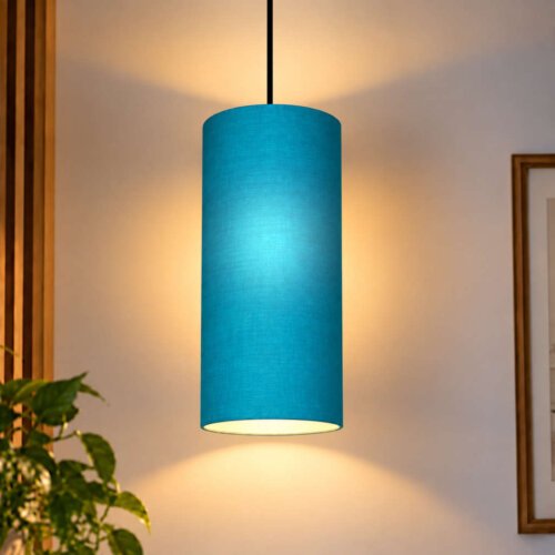 Hanging light in peacock blue fabric - Ceiling light for hanging : cylindrical shape | 3 sizes