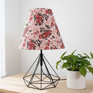 Table lamp for bed room / study | Metal base | Conical lamp shade | Pink floral fabric