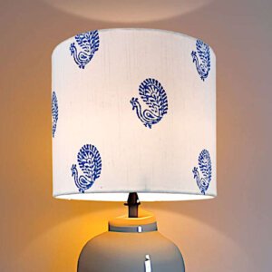 Lamp shade for table and floor lamp | Peacock printed white fabric | Drum Shape