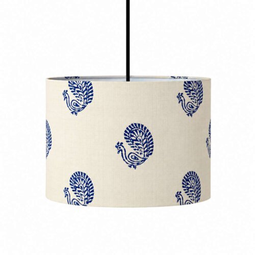 Blue Peacock Printed Hanging Lamp – Fabric Drum Pendant Light