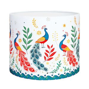 Printed lamp shade | Drum shape with peacock design | White fabric