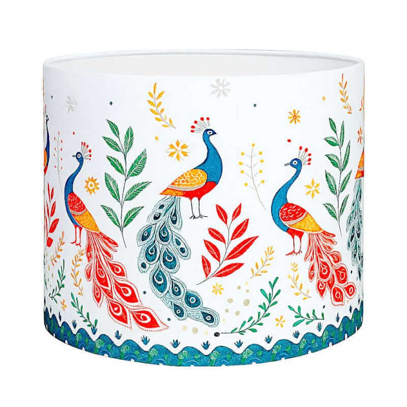 Printed lamp shade | Drum shape with peacock design | White fabric