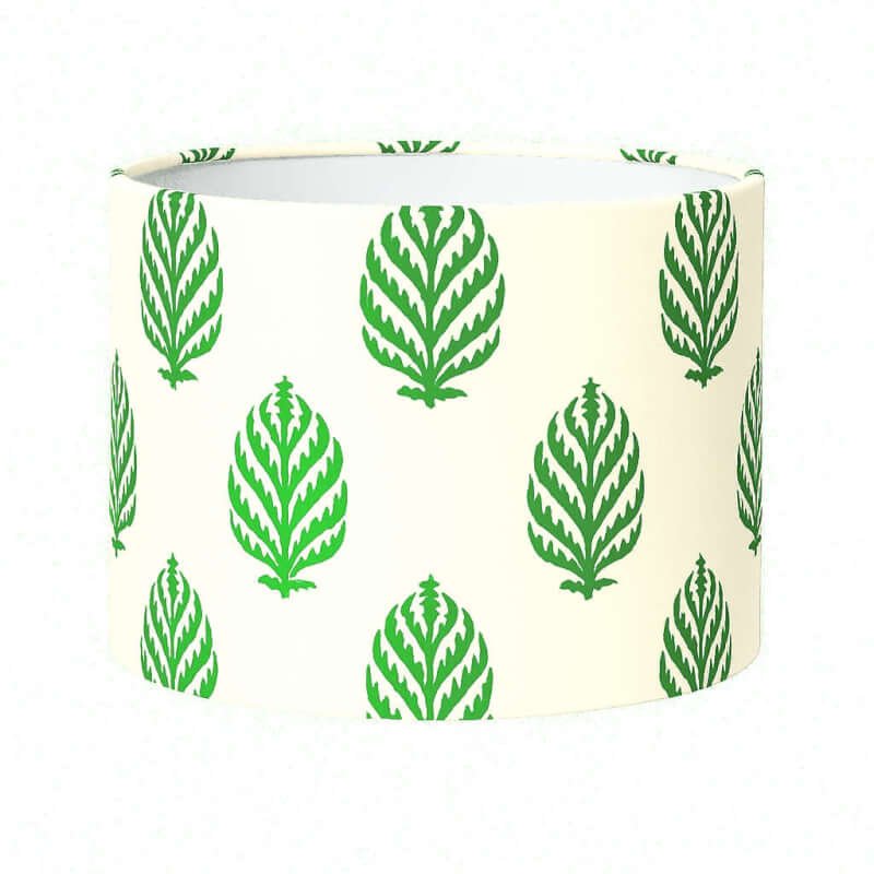 Printed lamp shades | Traditional leaf motiff in green | Drum shade in white fabric