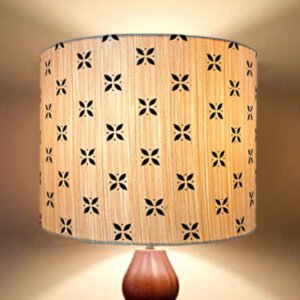 Printed fabric drum lamp shade | Light brown textured fabric with black motif