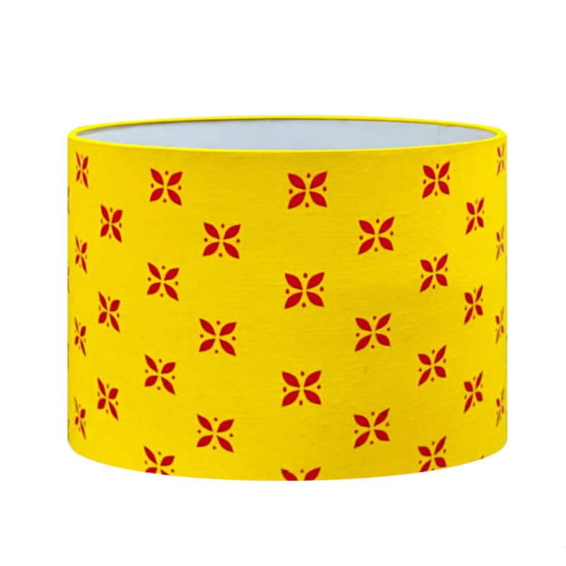 Table lamp shades in printed fabric | Drum shade with red motif on light orange fabric