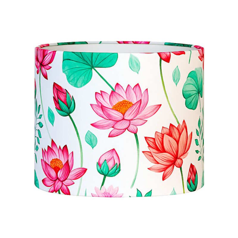 Lamp shades online | Floor lamp shades in drum shape | Printed fabric with lotus design
