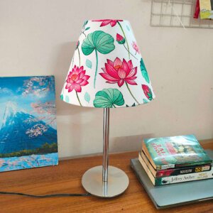 Bed side table lamp | Side lamp with metal base | Lotus print lamp shade