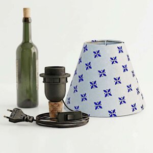 Bottle lamp shade with cork kit | Light cream fabric cone lamp shade | Blue printed design