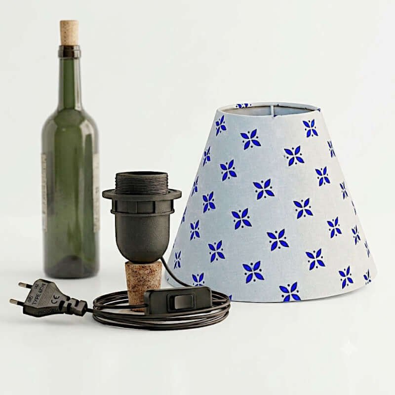 Bottle lamp shade with cork kit | Light cream fabric cone lamp shade | Blue printed design
