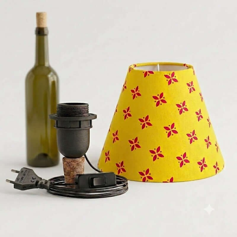 Bottle lamp light shade | Universal cork kit for making bottle table lamps | Printed yellowish orange fabric