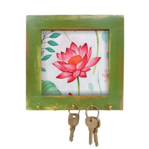 Wall mount key stand | Wooden key chain holder with 5 hooks (Lotus print inlay)