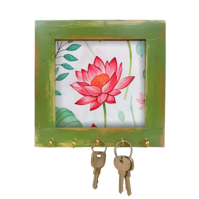Wall mount key stand | Wooden key chain holder with 5 hooks (Lotus print inlay)