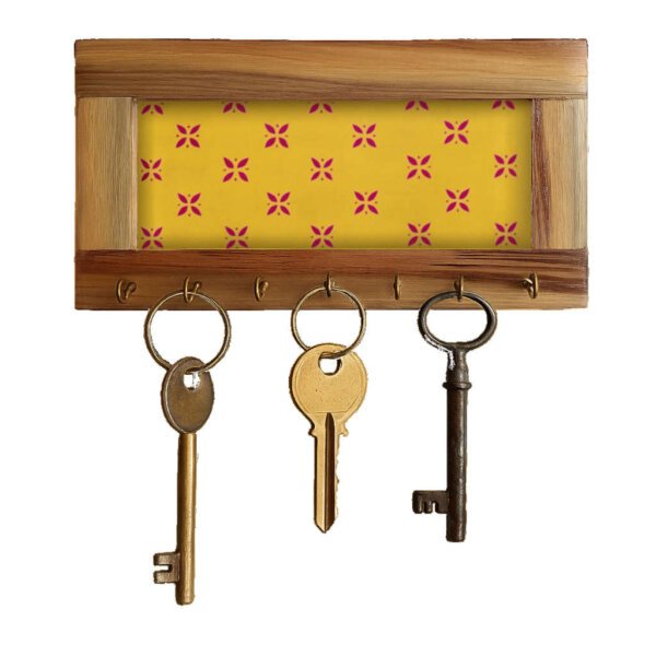 Wooden Key Holder for home – Wall key Stand with 7 Hooks (Light orange printed Fabric inlay)