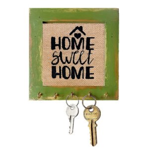 Wooden Key Holder for Wall with 5 Hooks – Vintage Green Frame & Jute "Home Sweet Home" Design