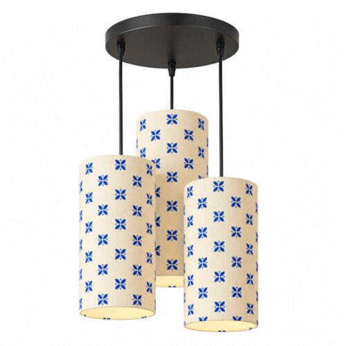 3 Set Hand-Printed Cluster Hanging Light for living rooms | Cylindrical Lampshades | Adjustable Height
