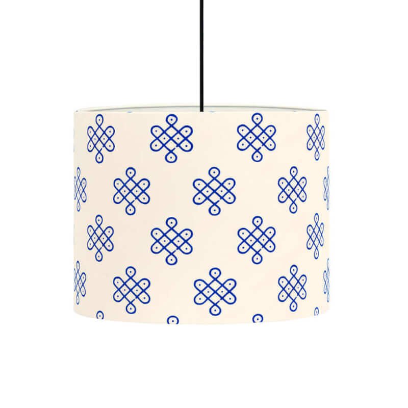 Traditional Kolam Art Ceiling Light | Hand-Printed Fabric Drum Lamp for Bedroom/Living Room