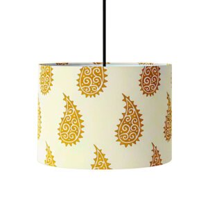Off-White & Gold Paisley Drum Hanging Light - Elegant Living Room / Bedroom Fixture