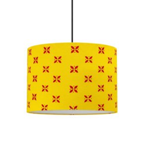 Artisanal Living Room Hanging Light | Orange Fabric with Red Motif (10-Inch)