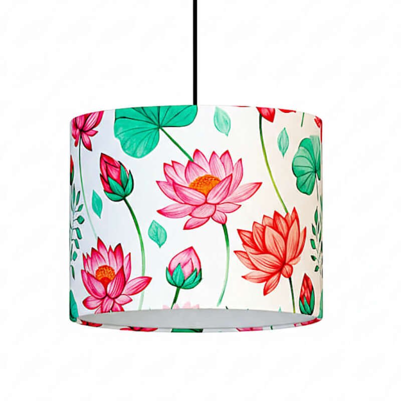 Elegant 8" H x 10" W Fabric Drum Pendant Lamp - Decorative Lotus Print for Living Room