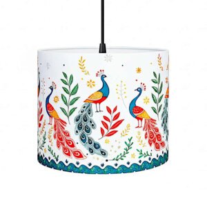 Vibrant Peacock Print Fabric Drum Hanging Pendant Light
