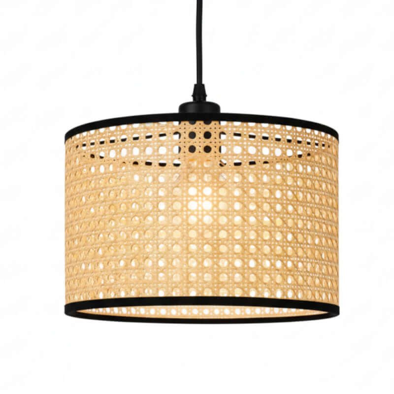 Bohemian Rattan Weave Drum Pendant Light - 10-inch Cane Hanging Ceiling Lamp for Living Room - Black trim