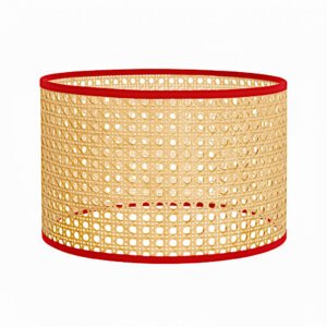 Bohemian Woven Rattan Lamp Shade | Natural Cane Drum with Red Border