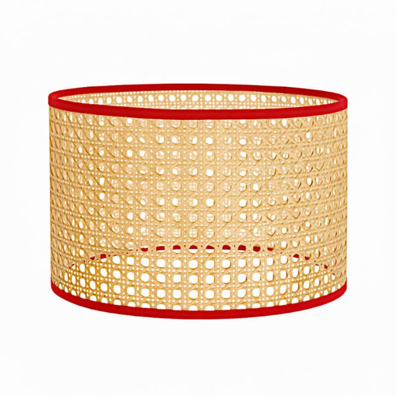Bohemian Woven Rattan Lamp Shade | Natural Cane Drum with Red Border