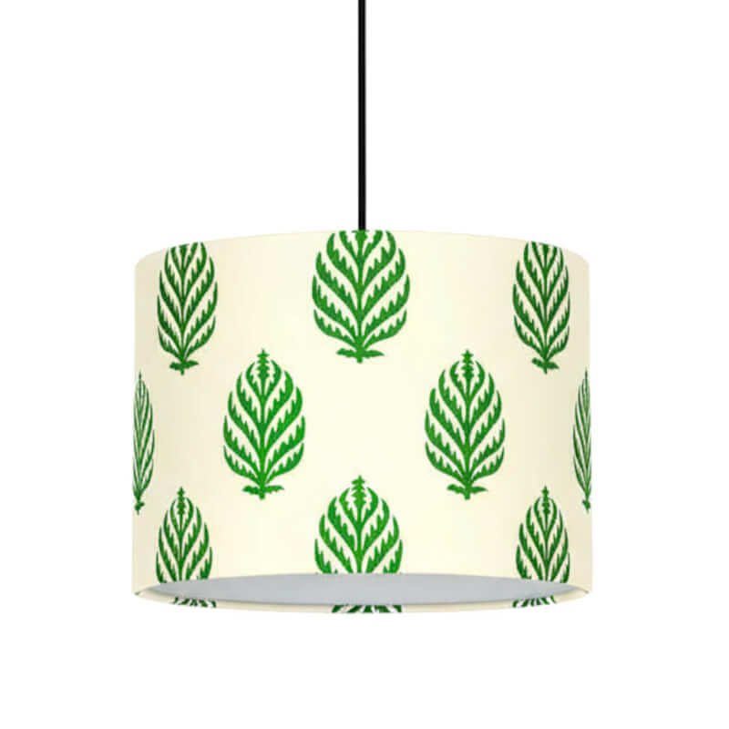 Fabric Drum Pendant Light | 10" Off-White & Green Leaf Print for Bedroom/Living Room