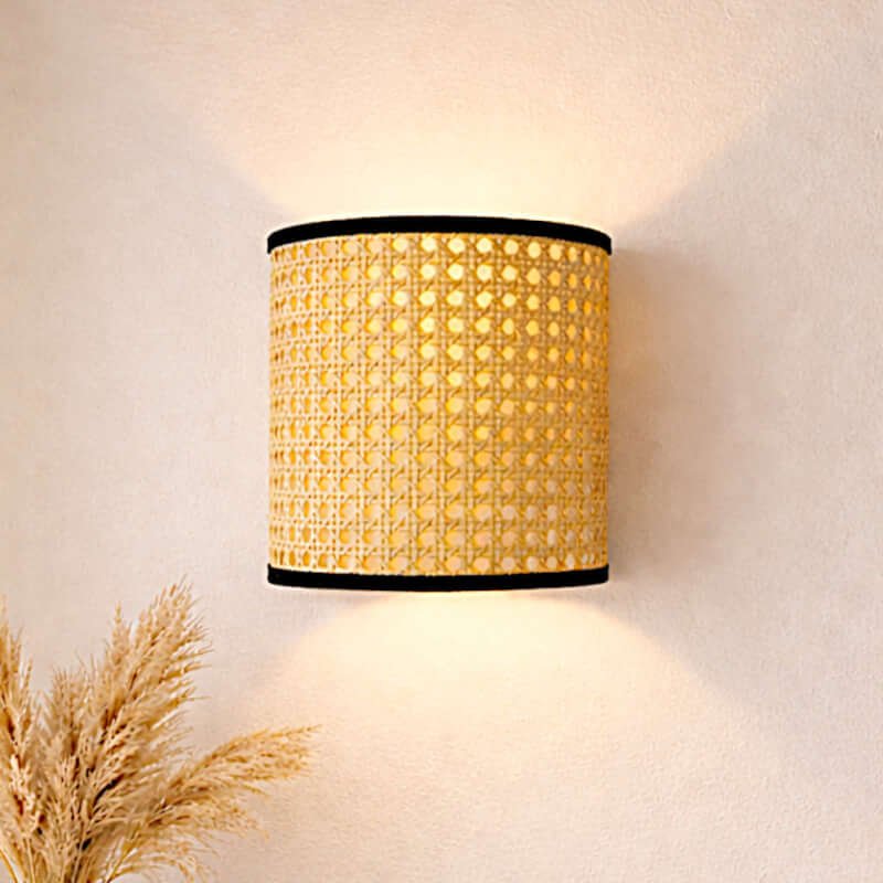 Handwoven Rattan Wall Sconce – Natural Cane Half Circle Wall Light for Bedroom & Hallway