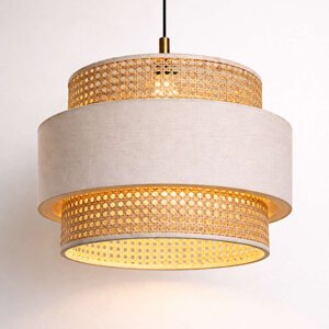 Three Tier Cane and Fabric Hanging Lamp – Handcrafted Pendant Light