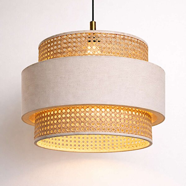 Three Tier Cane and Fabric Hanging Lamp – Handcrafted Pendant Light