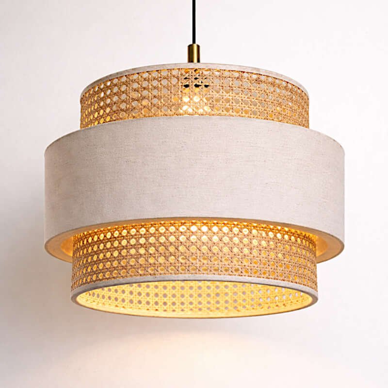 Three Tier Cane and Fabric Hanging Lamp – Handcrafted Pendant Light