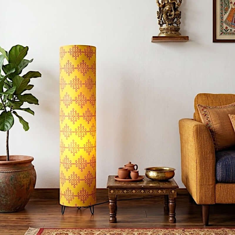 Traditional Kolam Block Print Tower Floor Lamp - Light Orange Premium Fabric