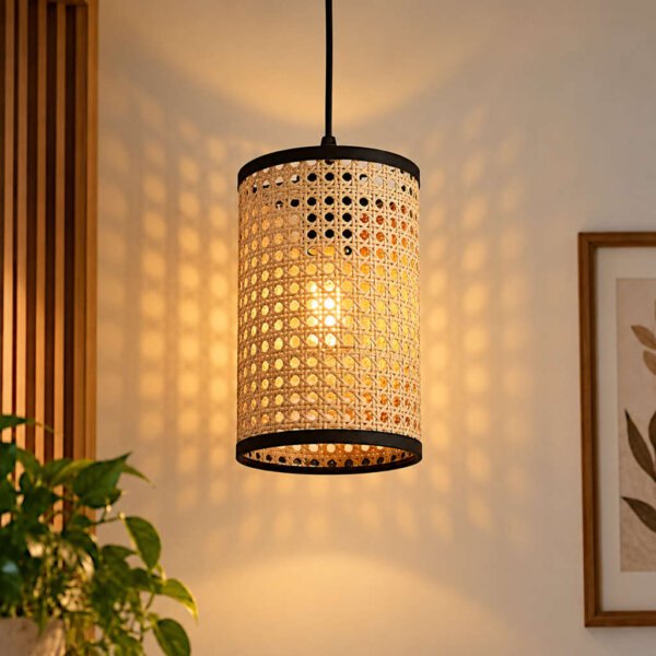 Rattan / Cane Cylinder Hanging Lamp - Handcrafted Natural Woven Pendant Light for Living Room & Bedrooms