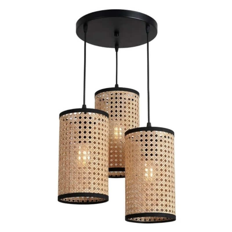 Handcrafted Rattan Cluster Pendant Light - 3-Cylinder Cane Hanging Lamp for Dining & Living Rooms