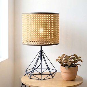 Rattan / Cane Table Lamp with Geometric Metal Base - Elegant Boho Bedside Lighting