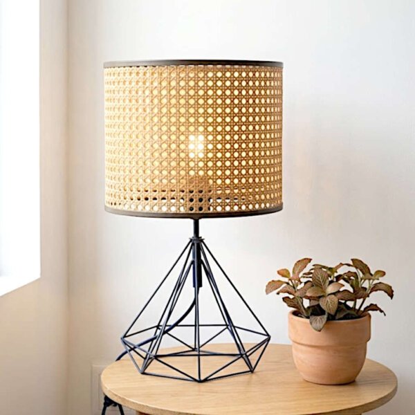 Rattan / Cane Table Lamp with Geometric Metal Base - Elegant Boho Bedside Lighting