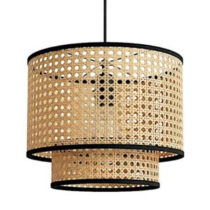 Dual-Layer Woven Rattan Cage Pendant Light | Natural Cane Hanging Lamp | 2 Sizes Available